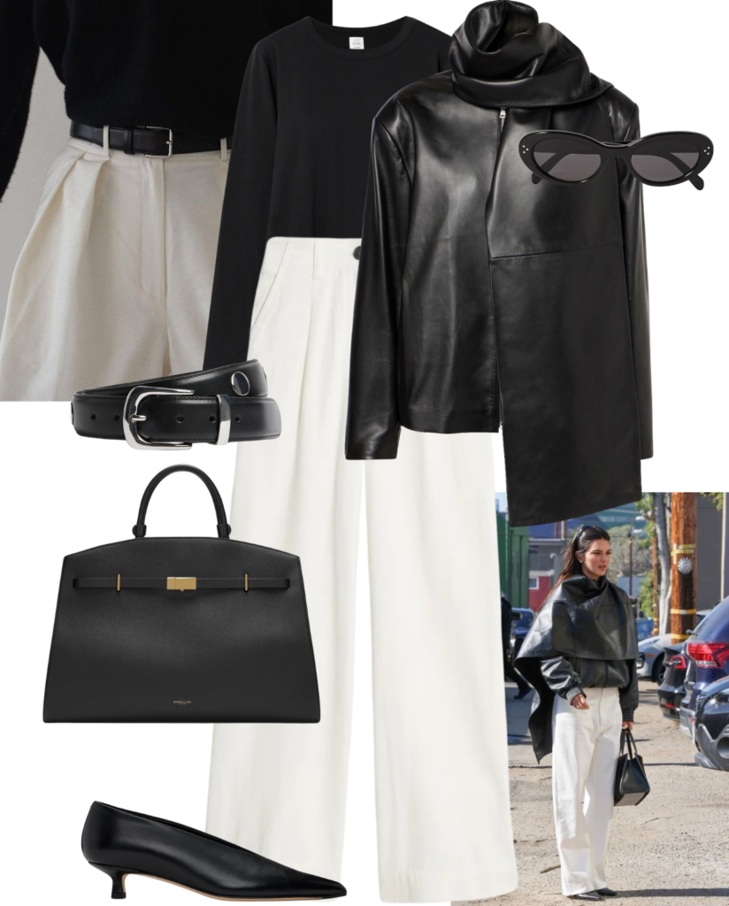 White Trousers and Leather Jacker Over Dress