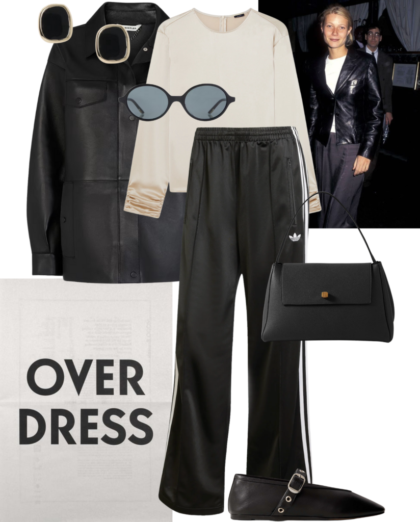 Adidad Trackpants and leather jacket over dress